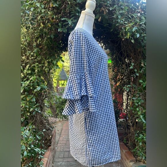 BEACH LUNCH LOUNGE GINGHAM RUFFLE 3/4 SLEEVE MIDI DRESS MEDIUM - Picture 15 of 15